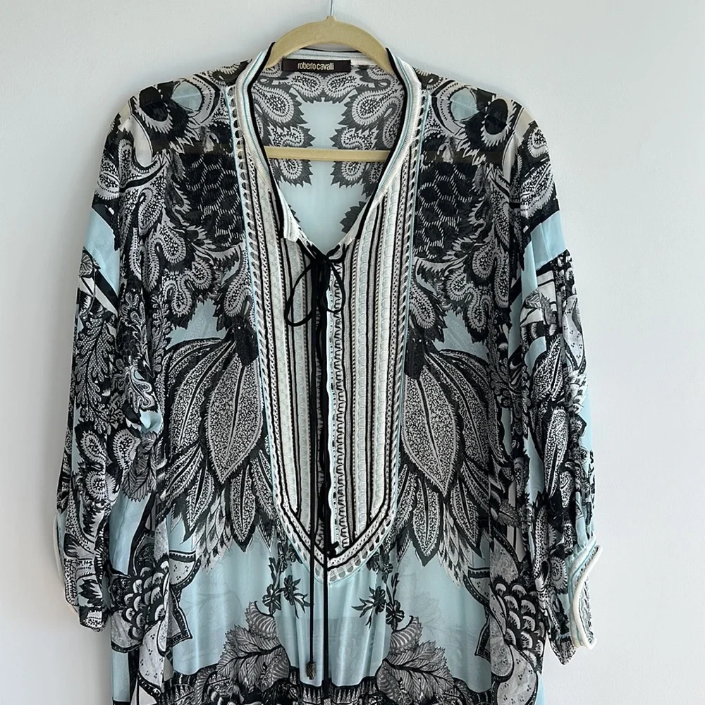 Roberto Cavalli Silk Sheer Tunic Blouse with Knitted Details Size 42 - Picture 3 of 13